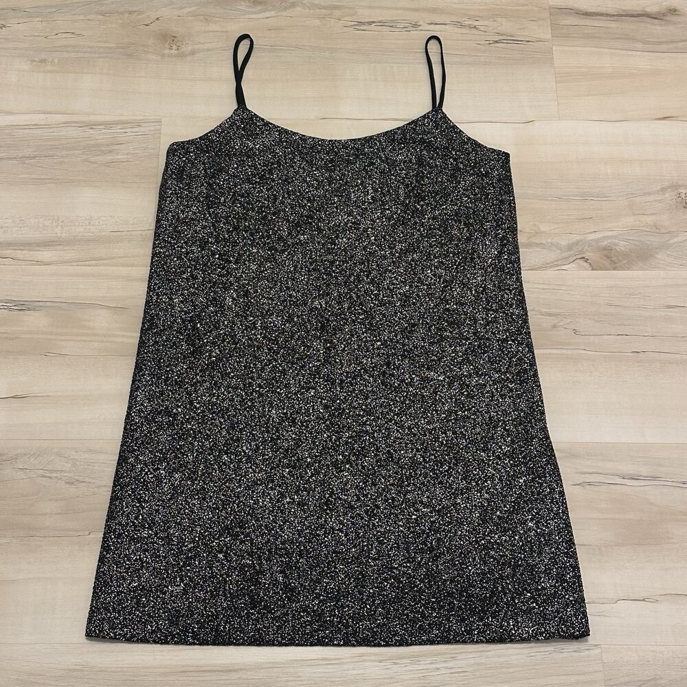 CeCe Black Silver Glitter Sparkle Spaghetti Strap Mini Dress Women's Medium